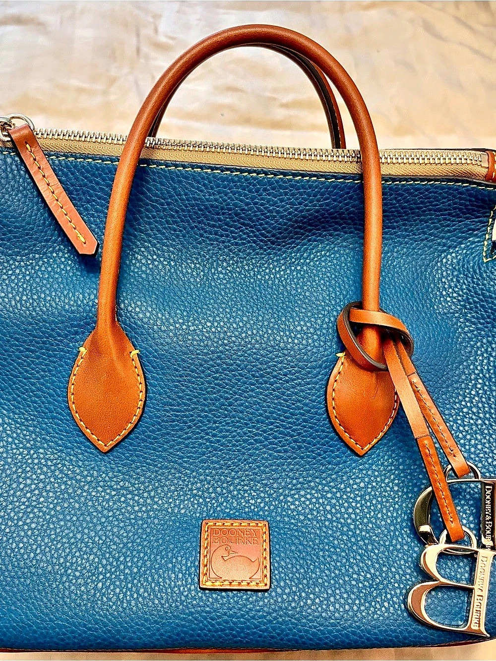 Dooney & Bourke Pebble Grain Zip Satchel Blue & Brown Brand New